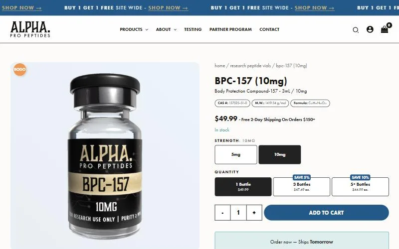 Screenshot: Alpha Pro Peptides BPC-157 10 mg product page