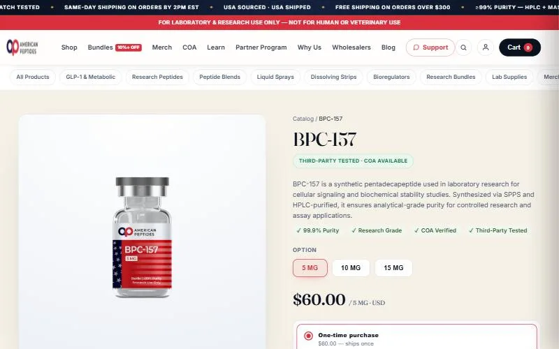 Screenshot: American Peptides BPC-157 product page