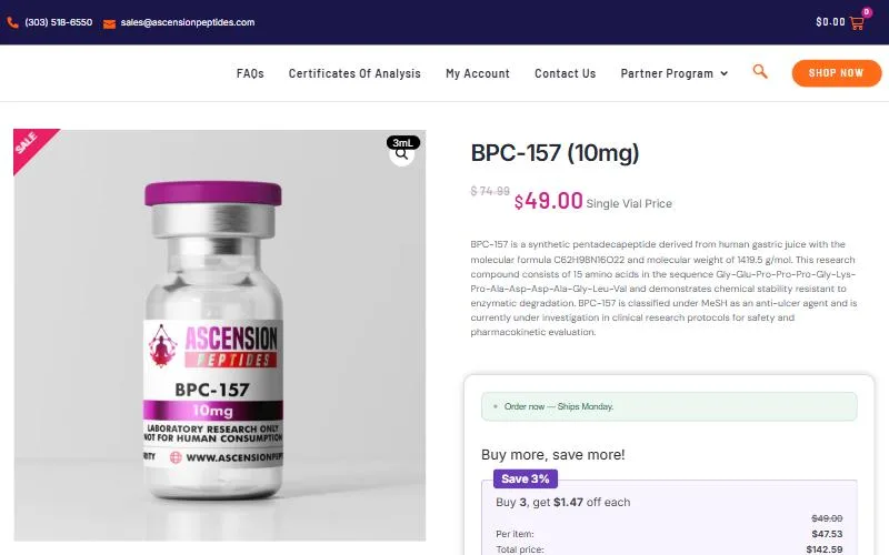 Screenshot: Ascension Peptides BPC-157 10 mg product page