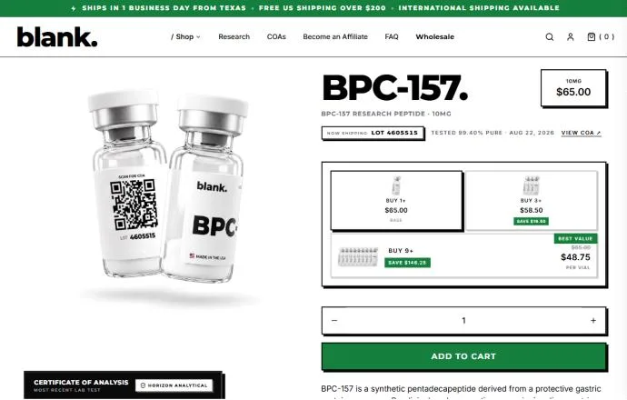 Screenshot: Blank Peptides BPC-157 product page with lot and COA panel