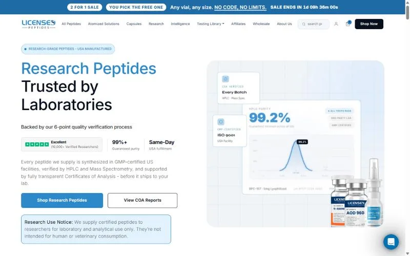 Screenshot: Licensed Peptides homepage