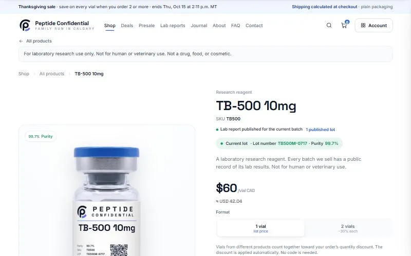 Peptide Confidential TB-500 10 mg product page showing the current lot and 99.7% purity
