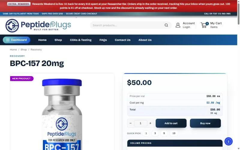 Screenshot: Peptide Plugs BPC-157 20 mg product page