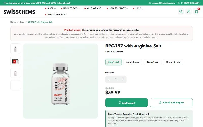 Screenshot: Swiss Chems BPC-157 with Arginine Salt product page